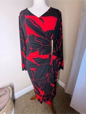 Donna Karan Black Dress with Red Abstract Print and Gold Bar Detail